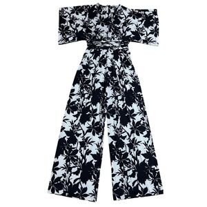 Hale Bob Los Angeles Floral Wide Leg Jumpsuit XS Black White Kimono Sleeve